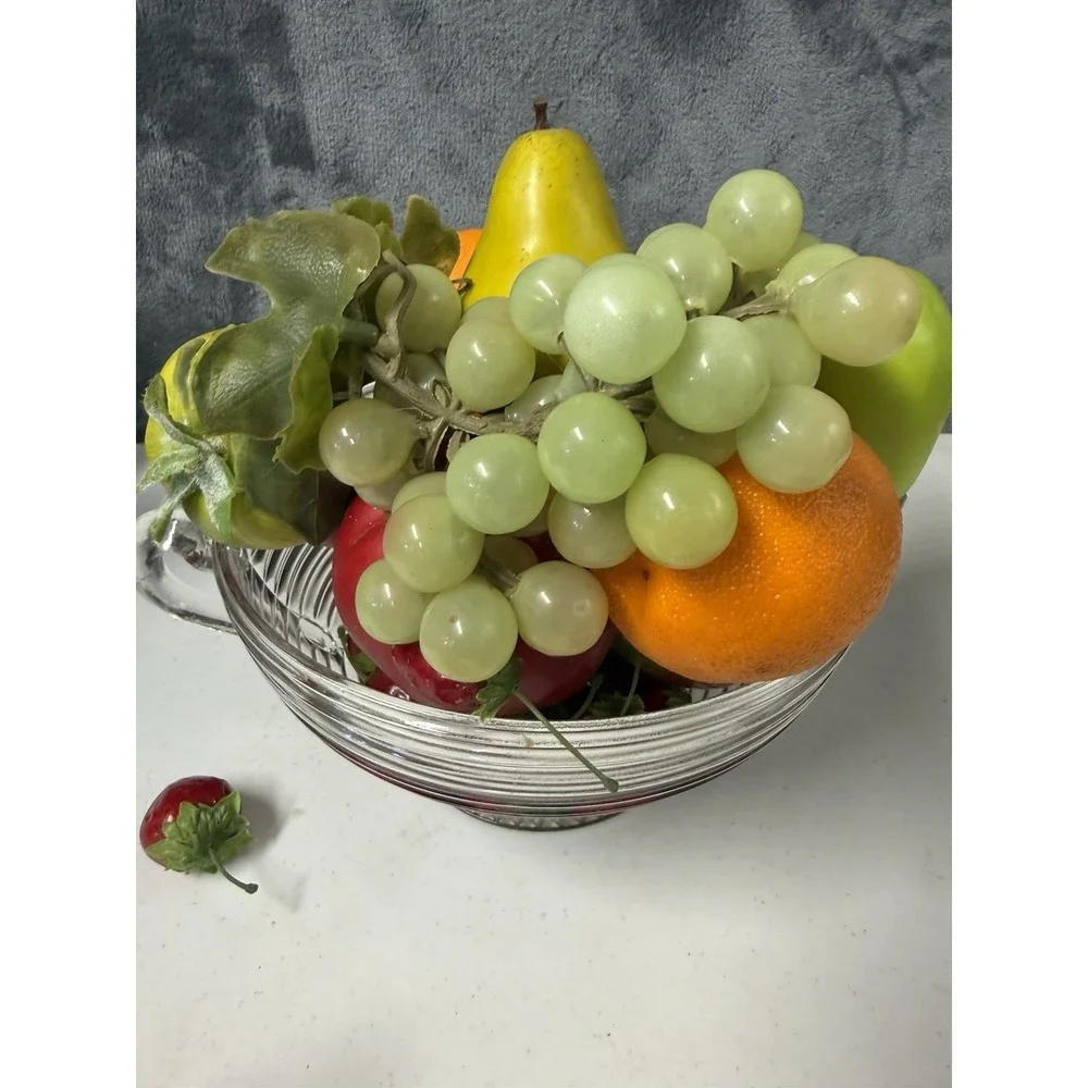 Vtg Anchor Hocking Manhattan Clear Glass Pedestal Fruit Bowl & Faux Fruit Set
